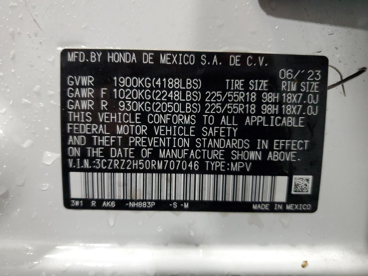 2024 HONDA HR-V SPORT VIN:3CZRZ2H50RM707046