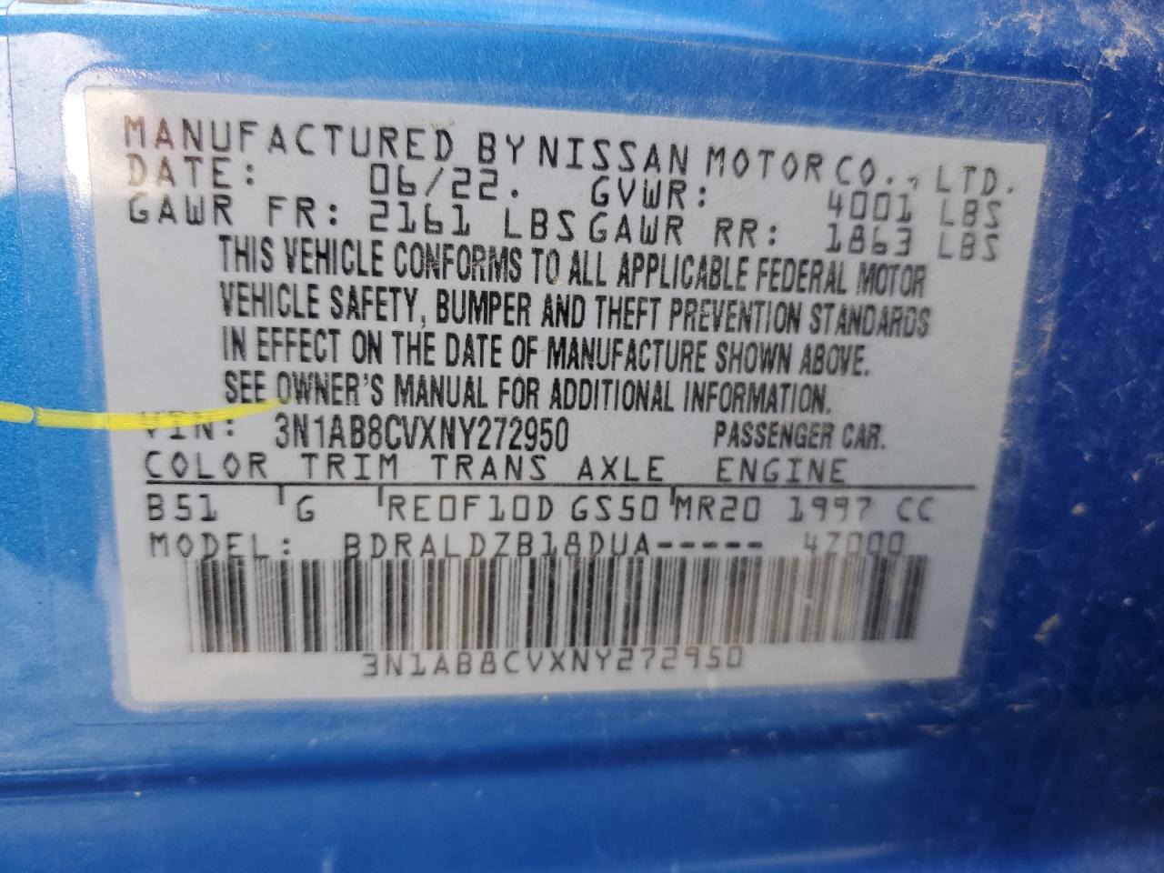 2022 NISSAN SENTRA SV VIN:JN8AT2MV5HW009156