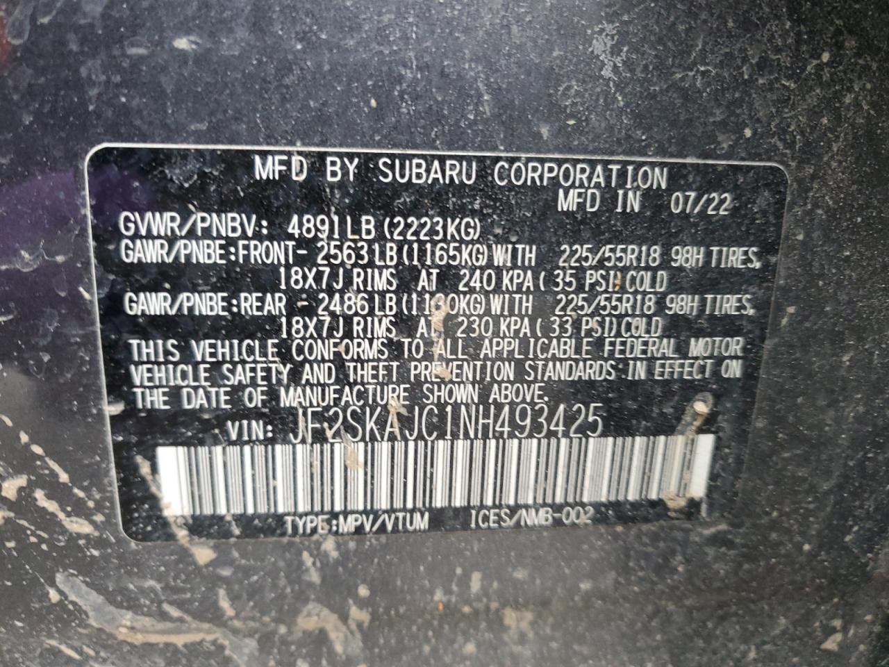 2022 SUBARU FORESTER SPORT VIN:JF2SKAJC1NH493425