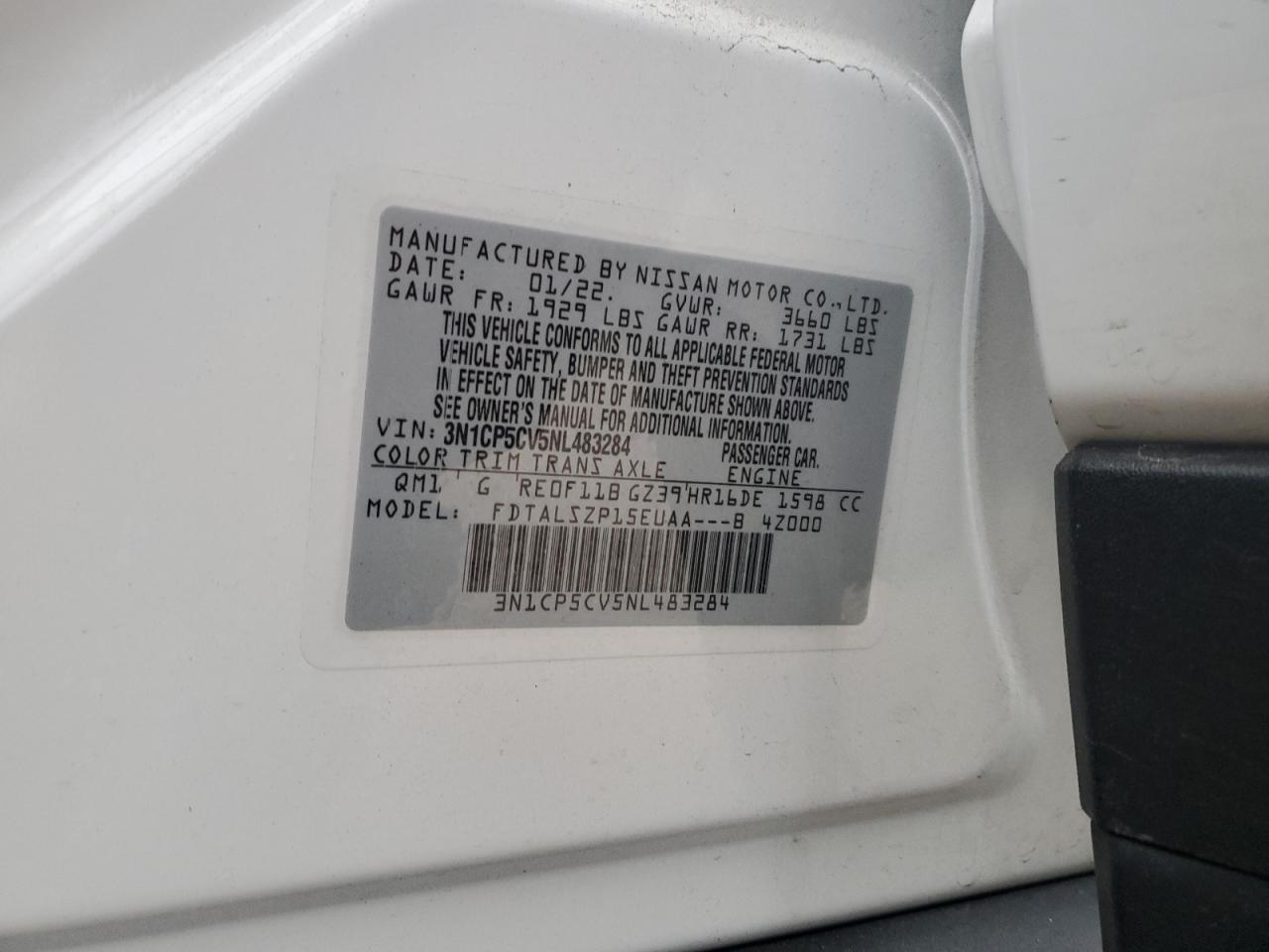 2022 NISSAN KICKS SV VIN:3N1CP5CV5NL483284