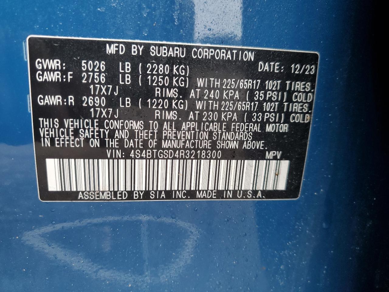 2024 SUBARU OUTBACK WILDERNESS VIN:4S4BTGSD4R3218300