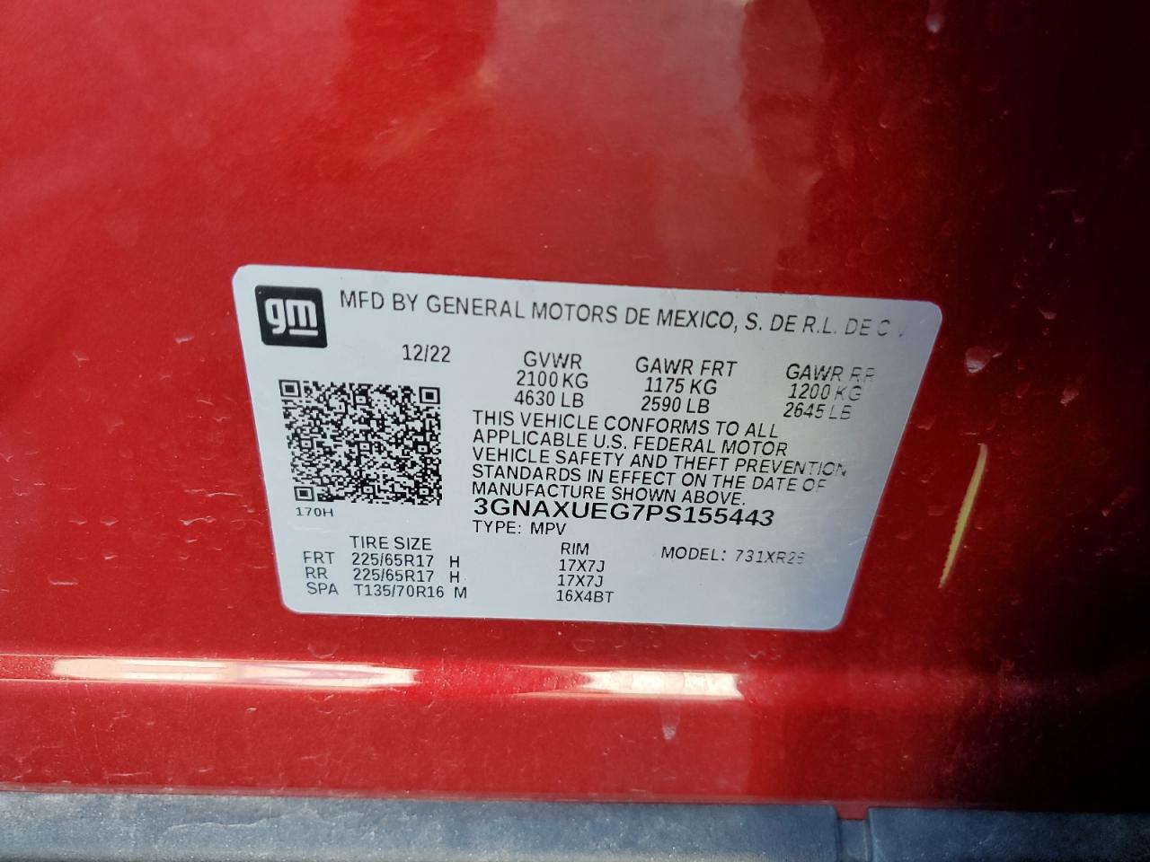 2023 CHEVROLET EQUINOX LT VIN:3GNAXUEG7PS155443