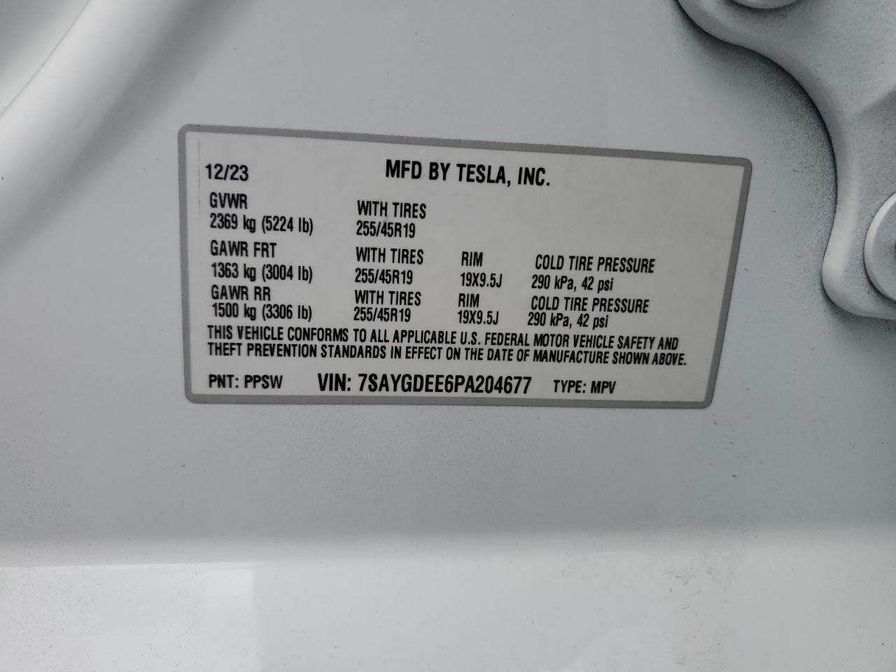 2023 TESLA MODEL Y VIN:7SAYGDEE6PA204677