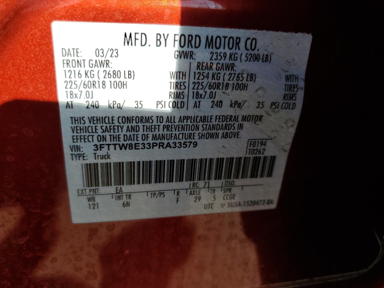 2023 FORD MAVERICK XL VIN:3FTTW8E33PRA33579