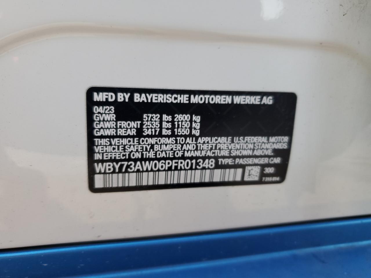 2023 BMW I4 EDRIVE 40 VIN:WBY73AW06PFR01348