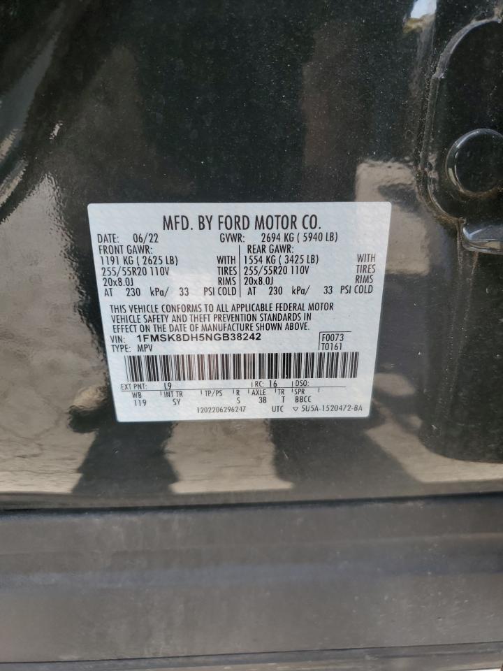 2022 FORD EXPLORER XLT VIN:1FMSK8DH5NGB38242