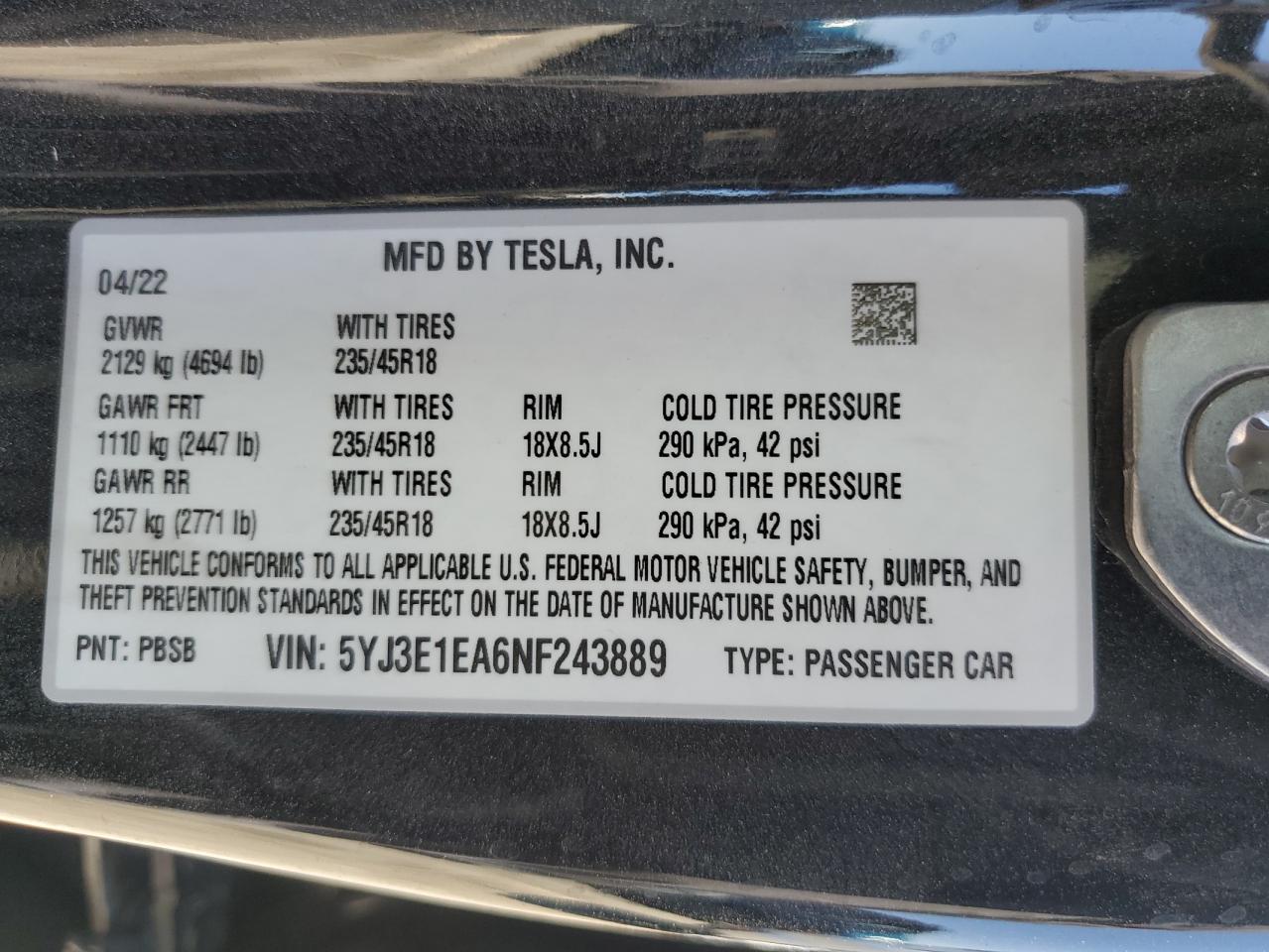 2022 TESLA MODEL 3 VIN:5YJ3E1EA6NF243889