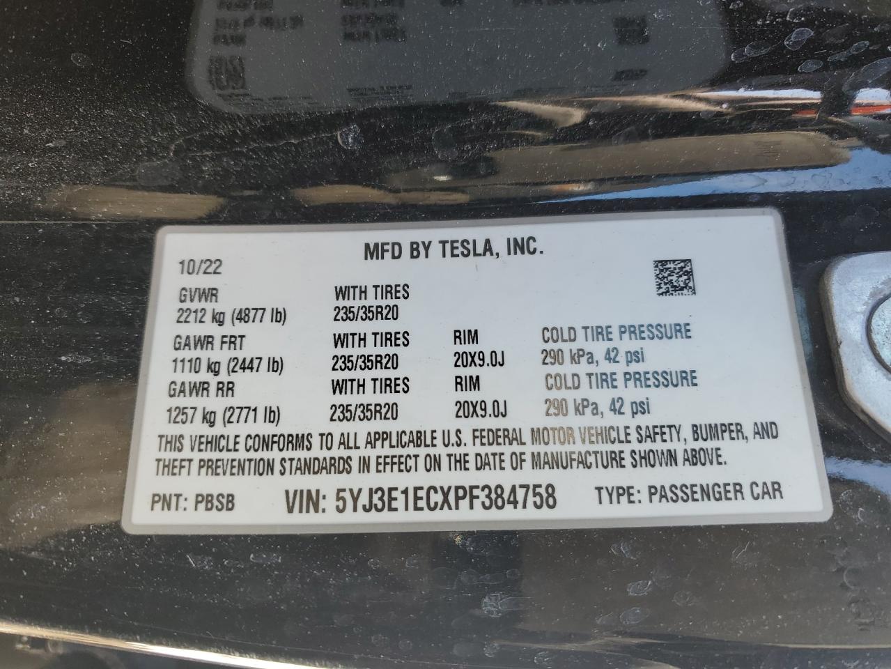 2023 TESLA MODEL 3 VIN:5YJ3E1ECXPF384758