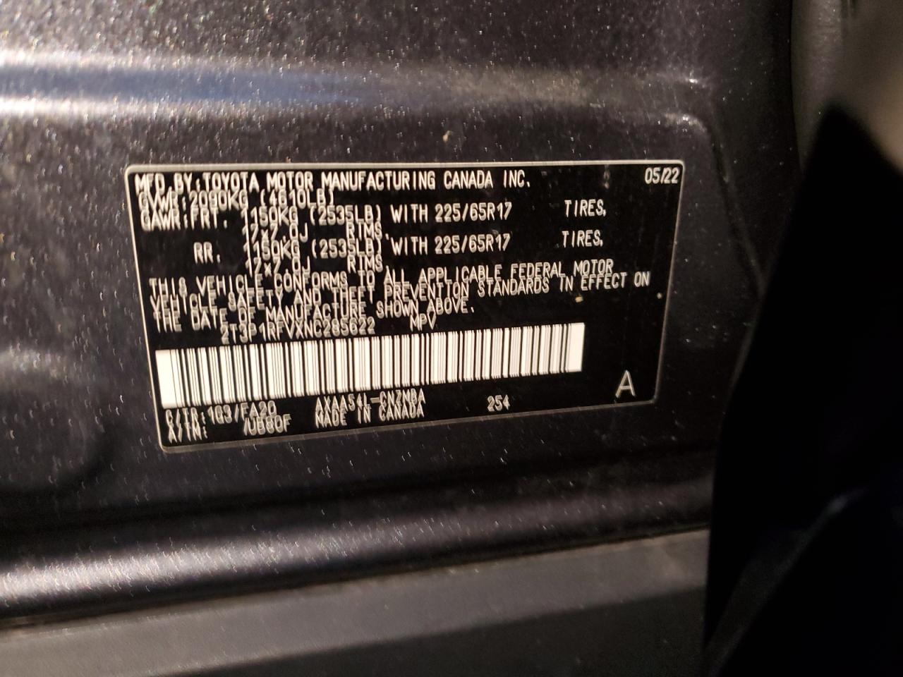 2022 TOYOTA RAV4 XLE VIN:2T3P1RFVXNC285622