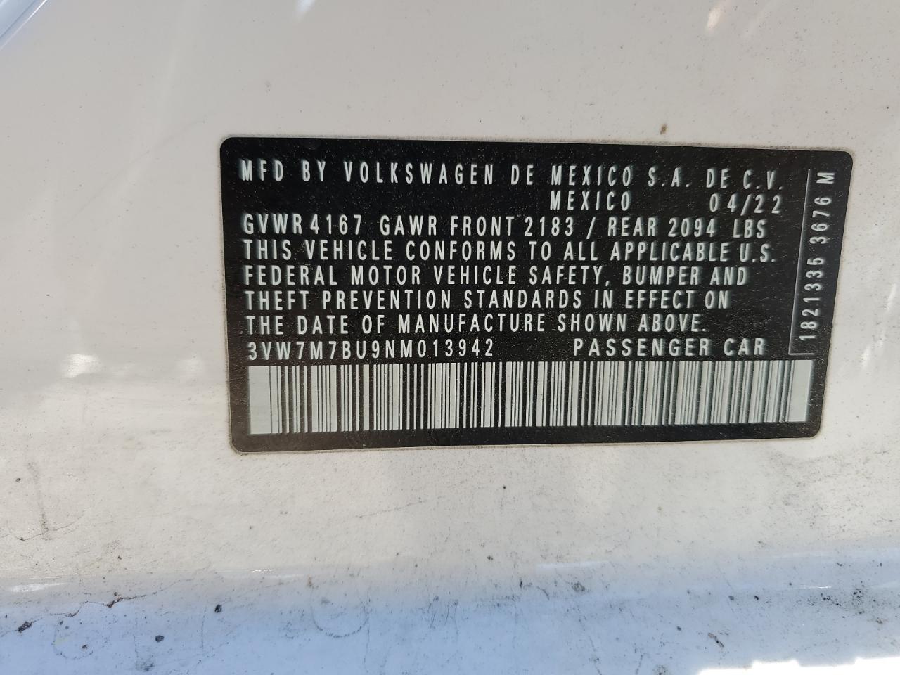 2022 VOLKSWAGEN JETTA SE VIN:3VW7M7BU9NM013942