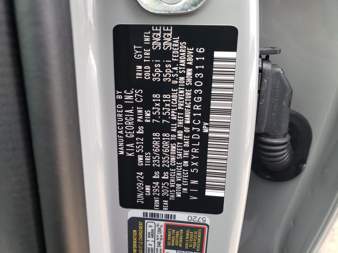 2024 KIA SORENTO S VIN:5XYRLDJC1RG303116