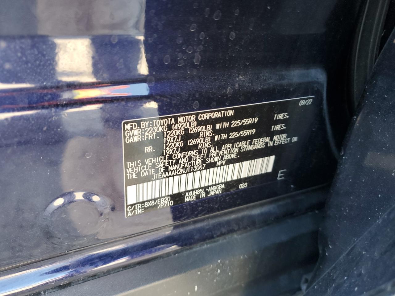 2022 TOYOTA VENZA LE VIN:JTEAAAAH2NJ113067