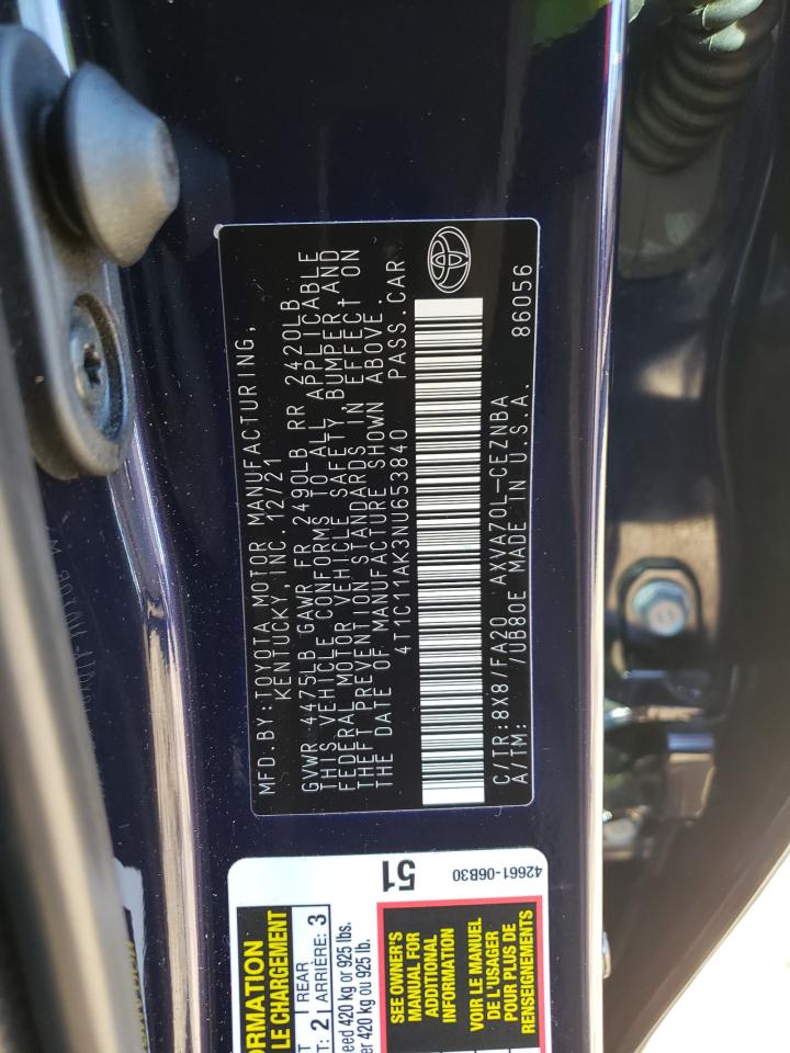 2022 TOYOTA CAMRY LE VIN:4T1C11AK3NU653840