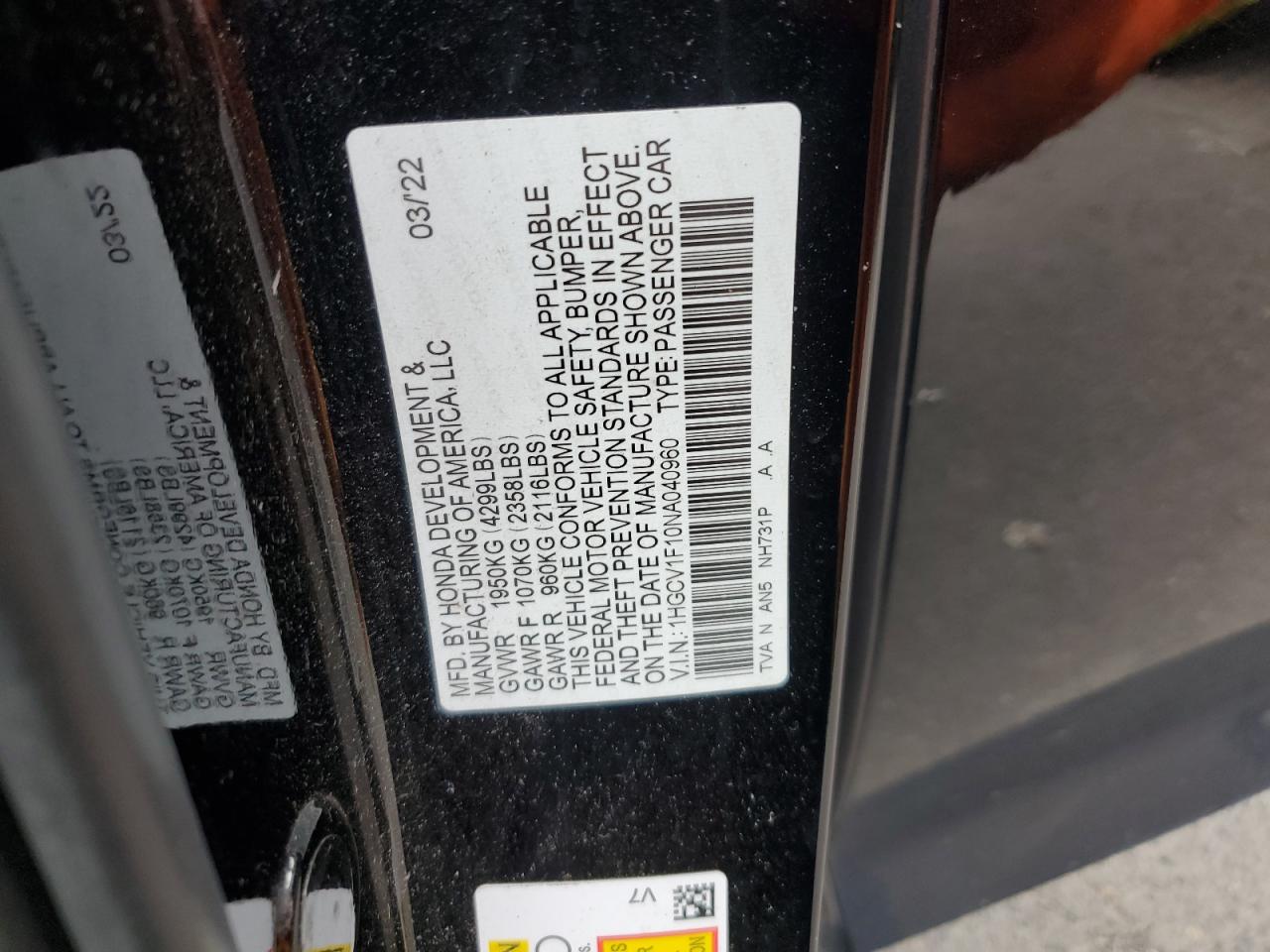 2022 HONDA ACCORD LX VIN:1HGCV1F10NA040960