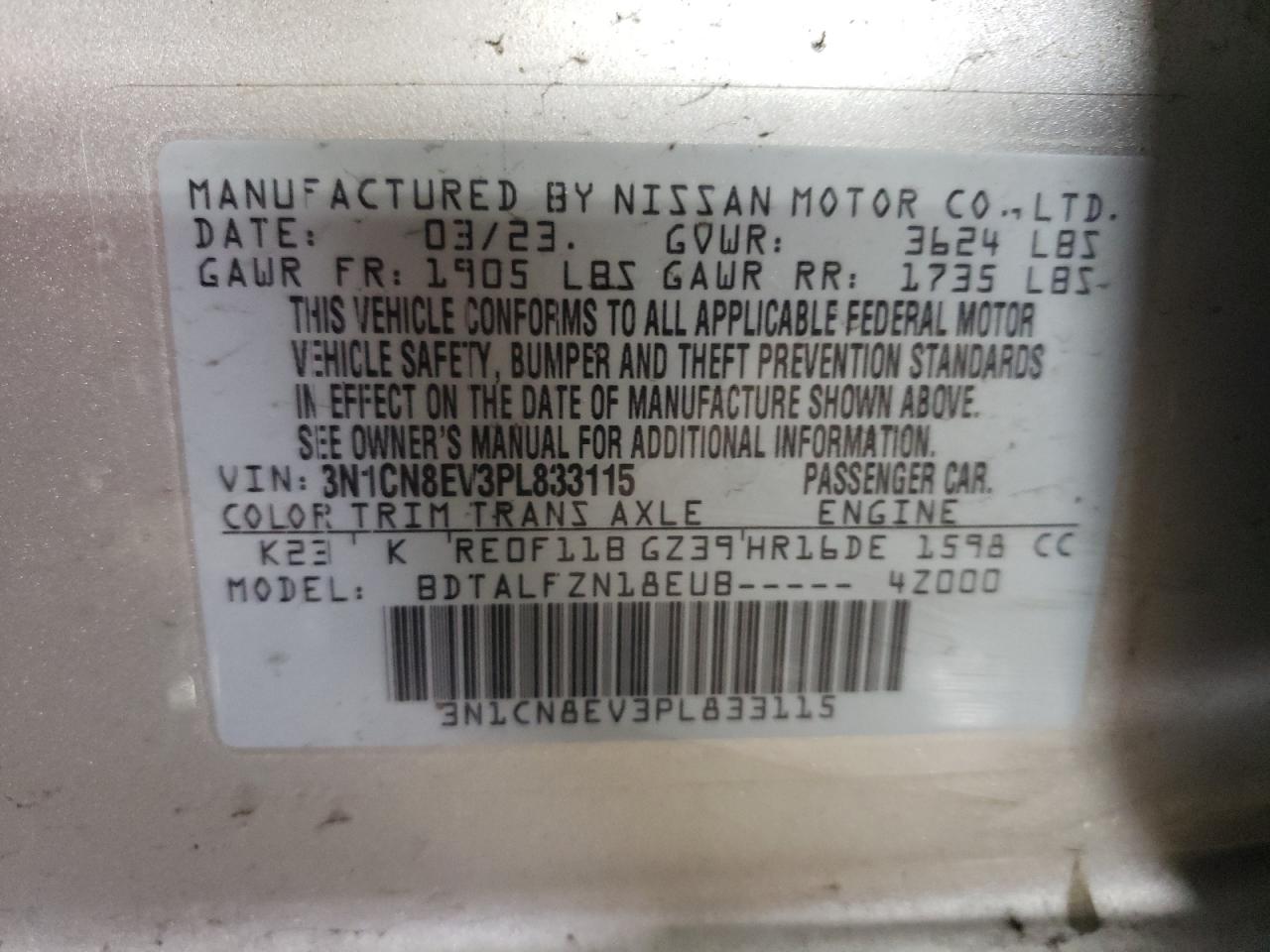 2023 NISSAN VERSA SV VIN:3N1CN8EV3PL833115