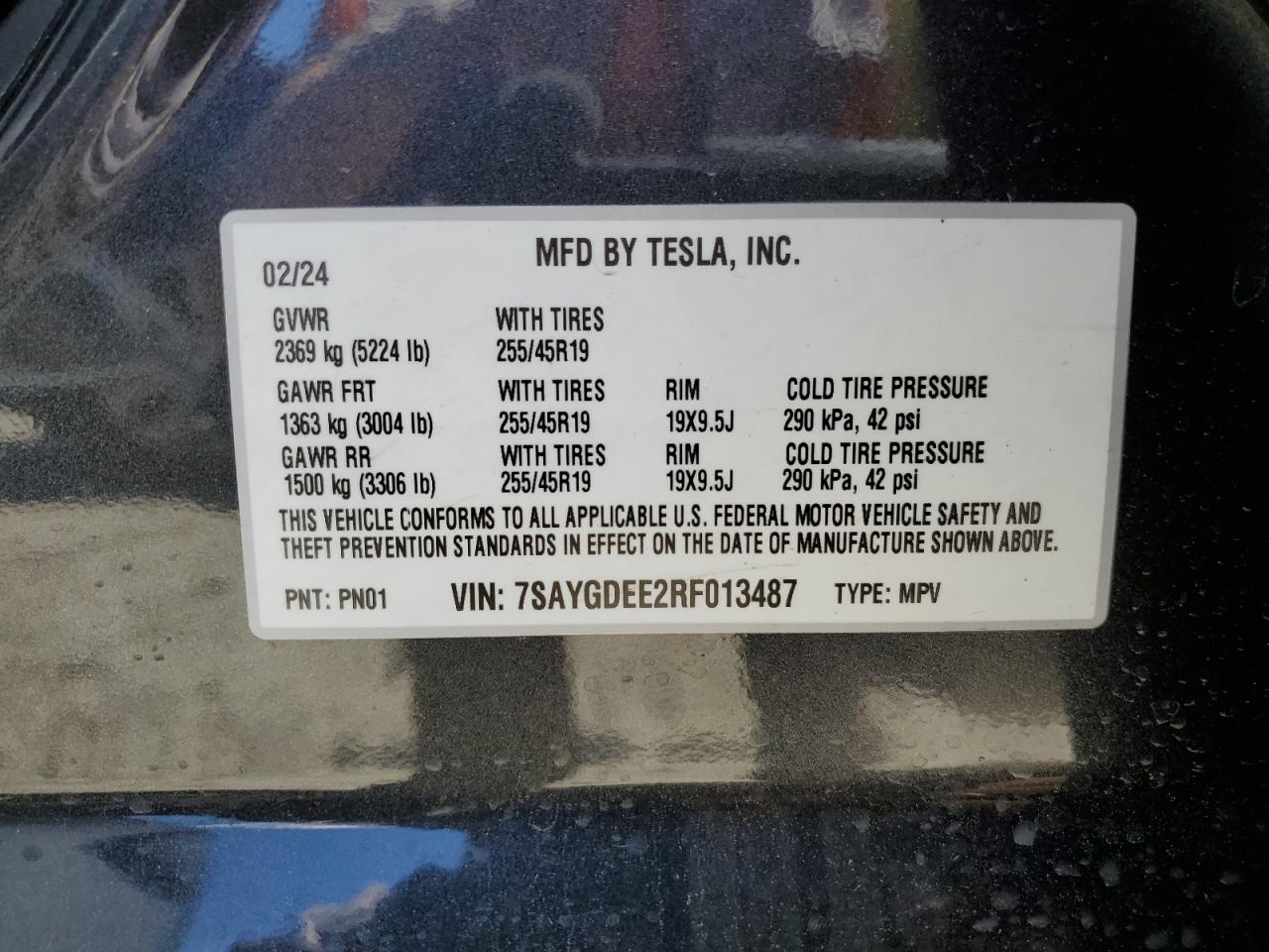 2024 TESLA MODEL Y VIN:7SAYGDEE2RF013487
