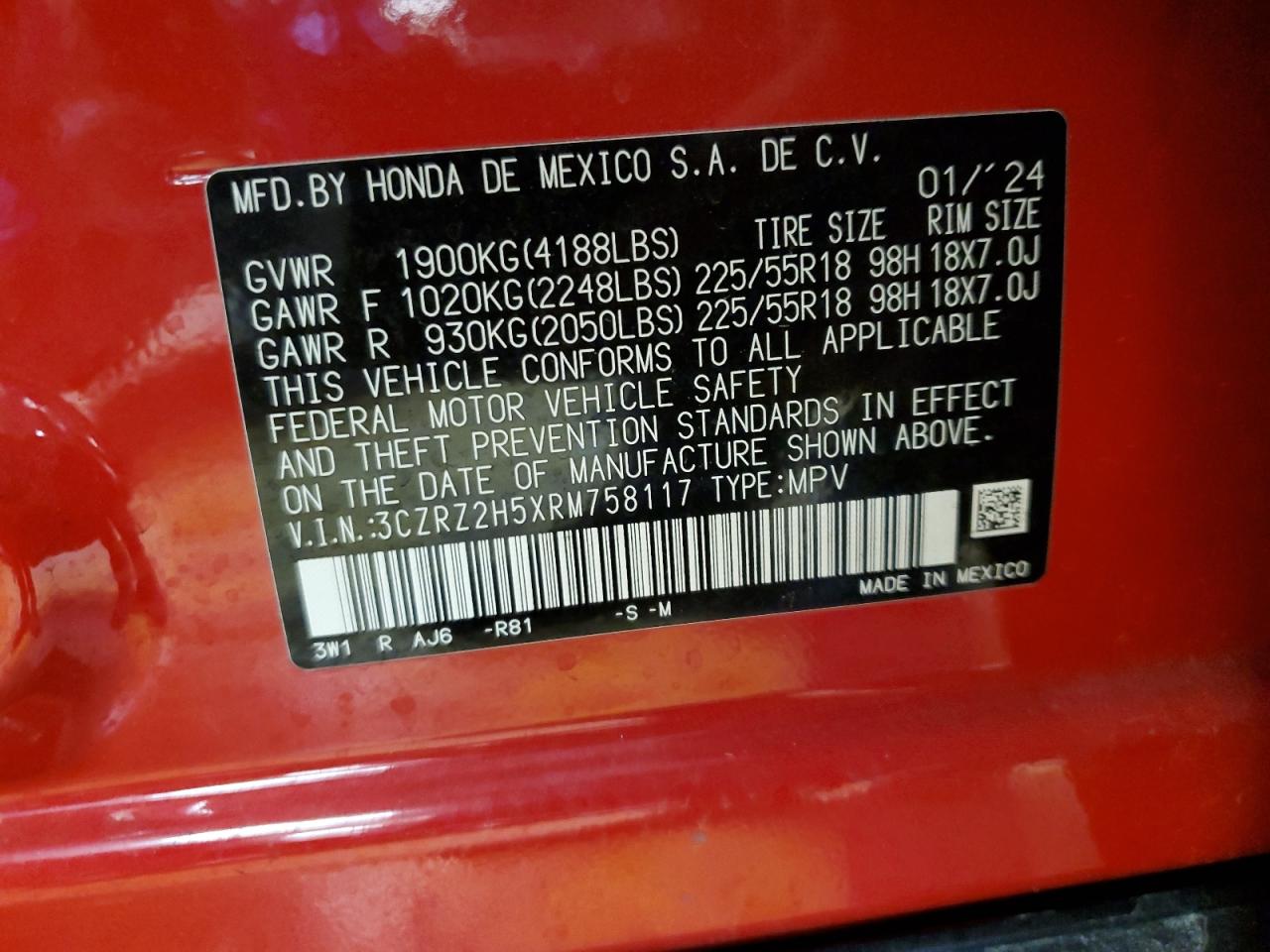 2024 HONDA HR-V SPORT VIN:3CZRZ2H5XRM758117