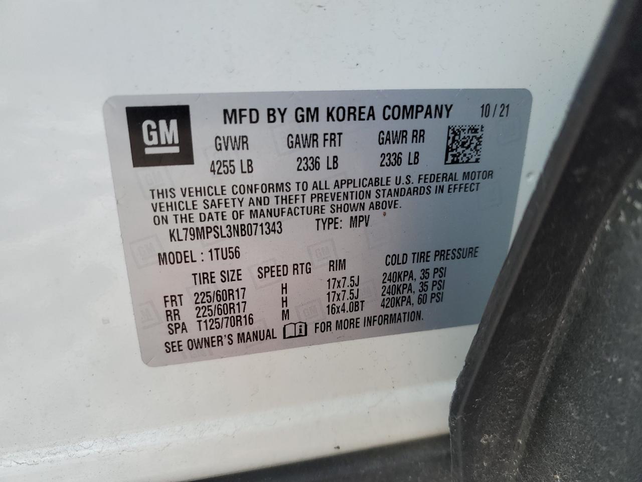 2022 CHEVROLET TRAILBLAZER LT VIN:KL79MPSL3NB071343