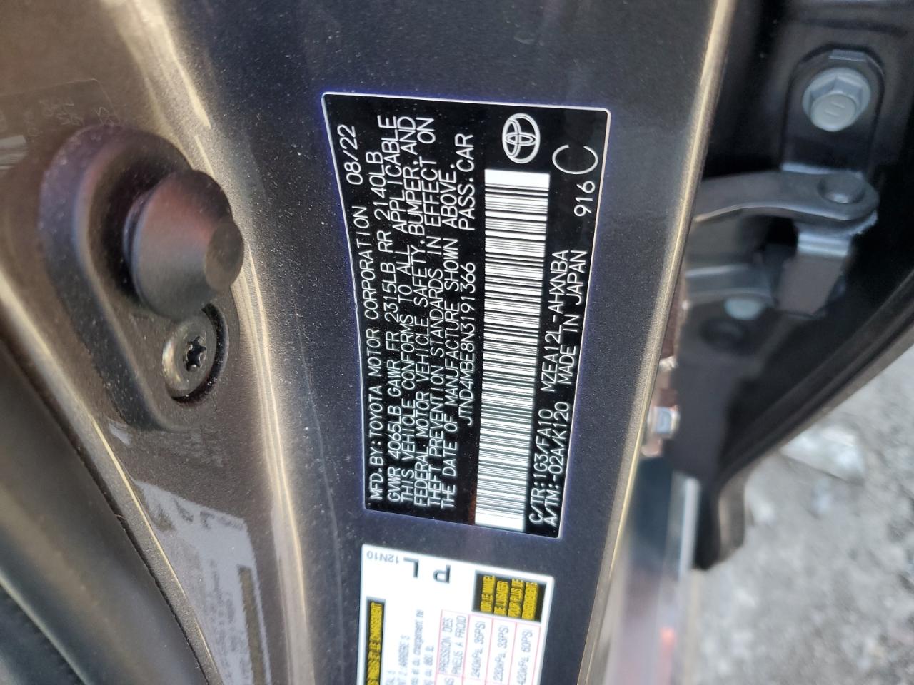 2022 TOYOTA COROLLA SE VIN:JTND4MBE8N3191366