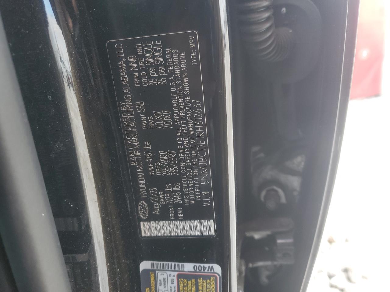 2024 HYUNDAI TUCSON SEL VIN:5NMJBCDE1RH312637