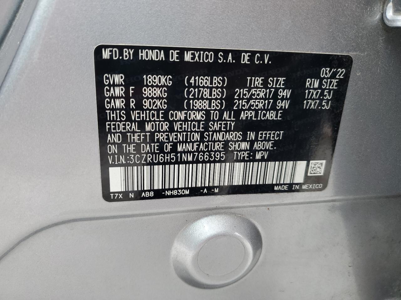 2022 HONDA HR-V EX VIN:3CZRU6H51NM766395