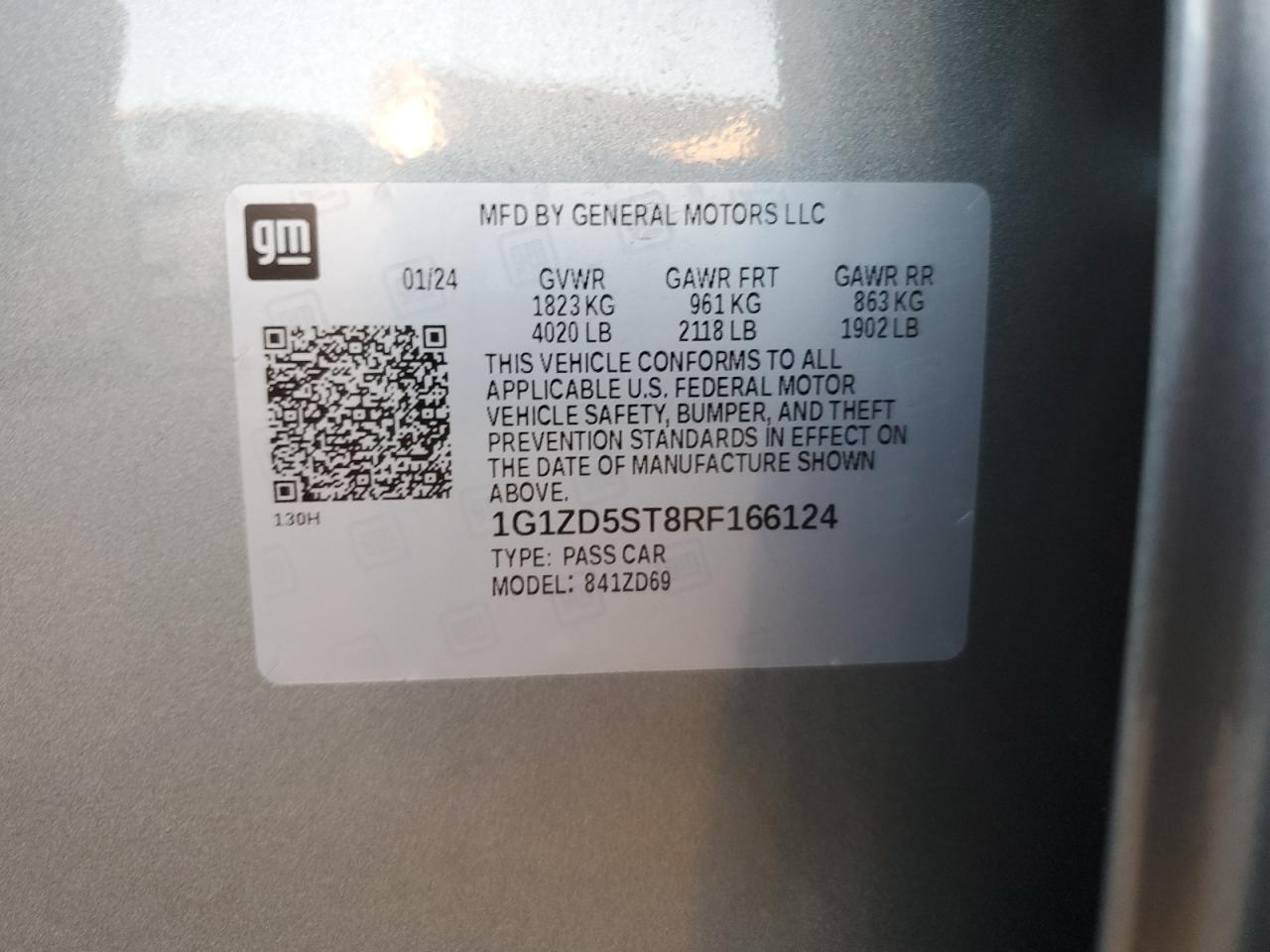 2024 CHEVROLET MALIBU LT VIN:1G1ZD5ST8RF166124