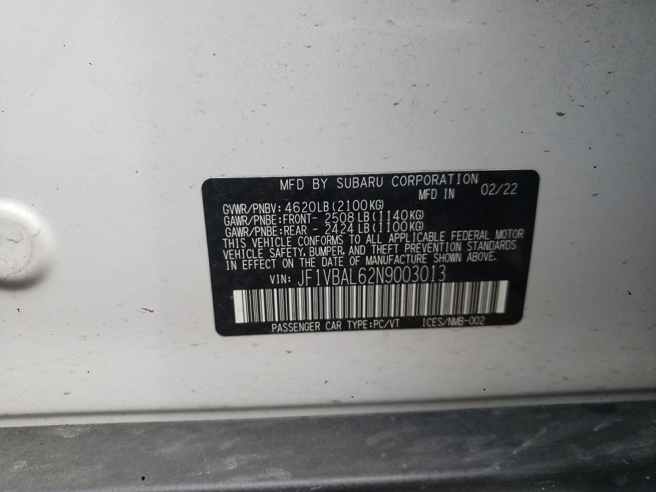 2022 SUBARU WRX LIMITED VIN:JF1VBAL62N9003013