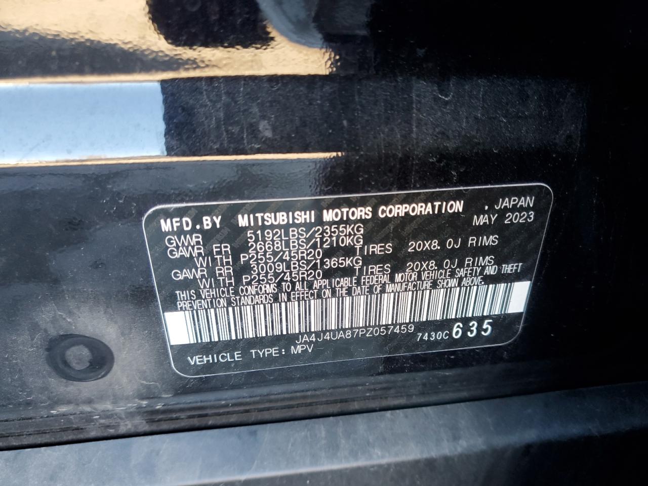 2023 MITSUBISHI OUTLANDER SE VIN:JA4J4UA87PZ057459