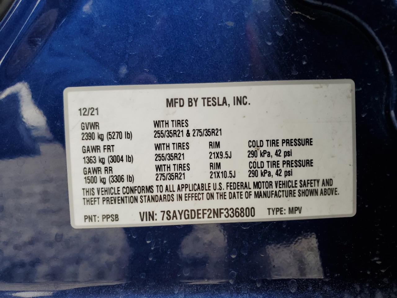2022 TESLA MODEL Y VIN:7SAYGDEF2NF336800