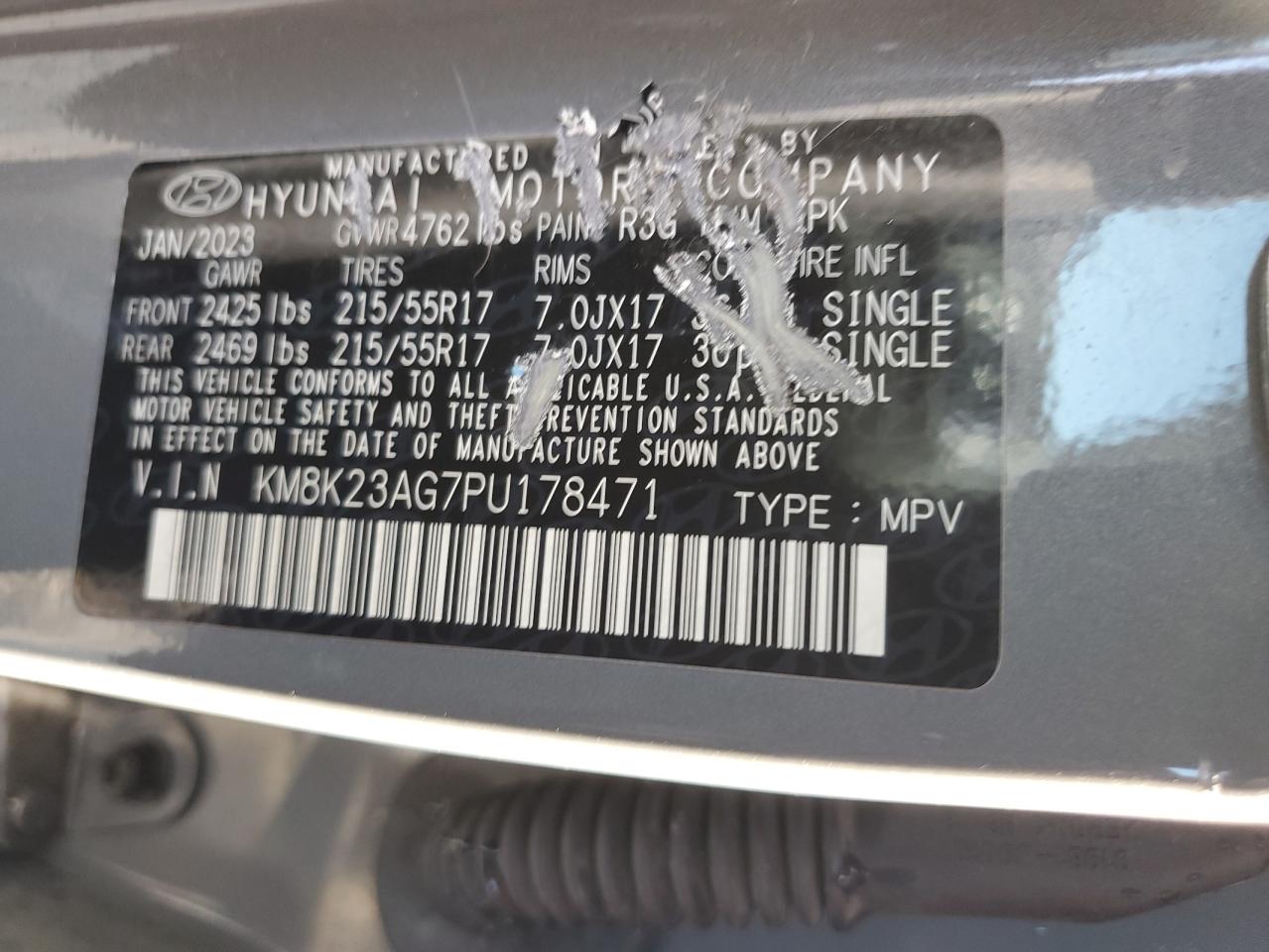 2023 HYUNDAI KONA SE VIN:KM8K23AG7PU178471