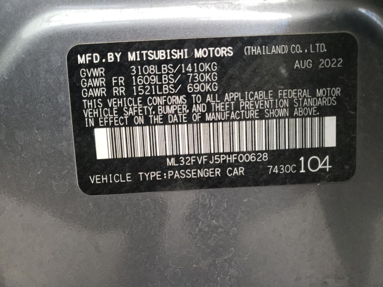 2023 MITSUBISHI MIRAGE G4 SE VIN:ML32FVFJ5PHF00628