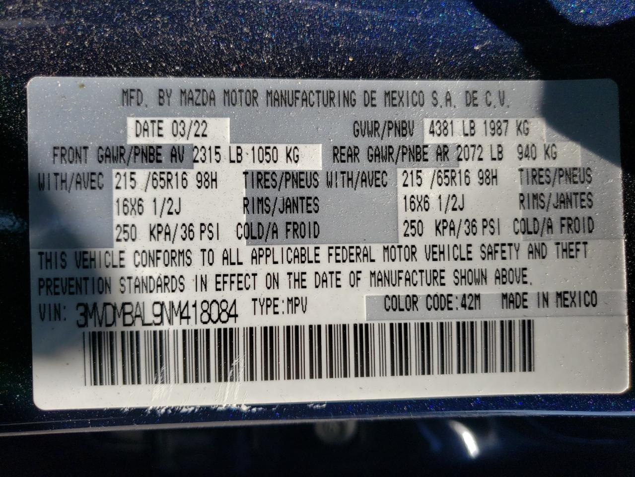 2022 MAZDA CX-30 VIN:3MVDMBAL9NM418084