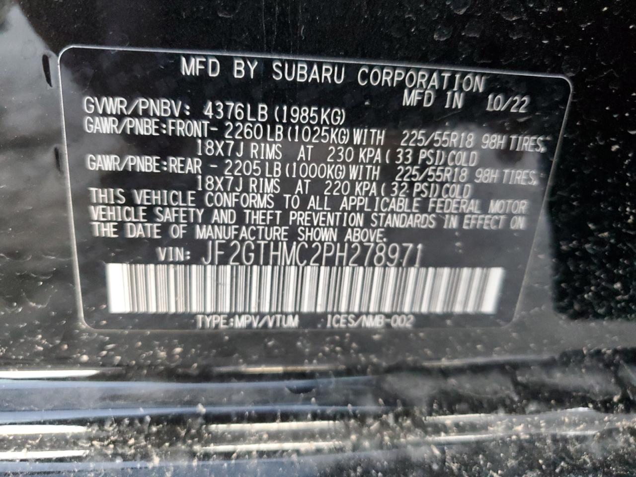 2023 SUBARU CROSSTREK LIMITED VIN:JF2GTHMC2PH278971