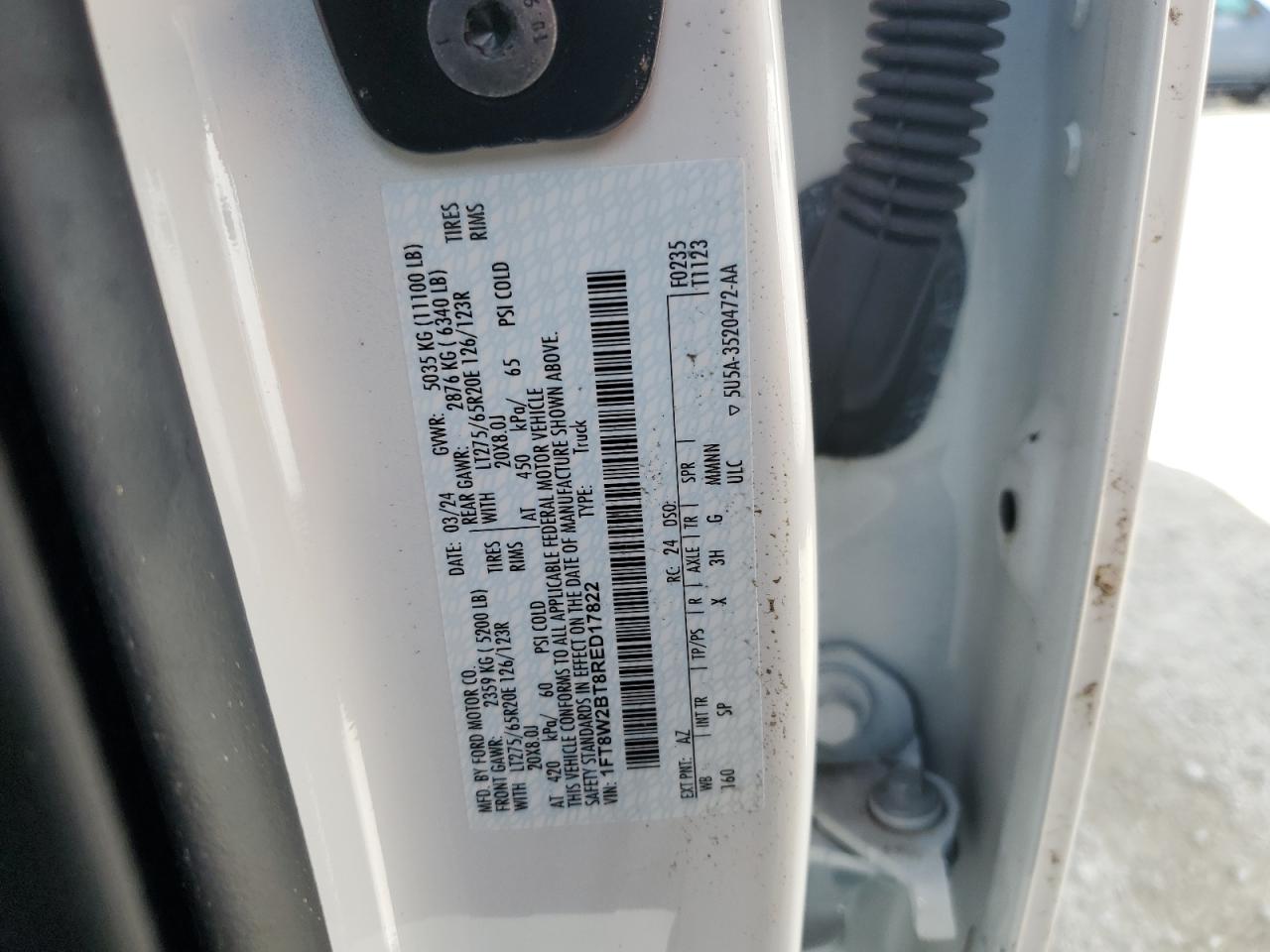 2024 FORD F250 SUPER DUTY VIN:1FT8W2BT8RED17822