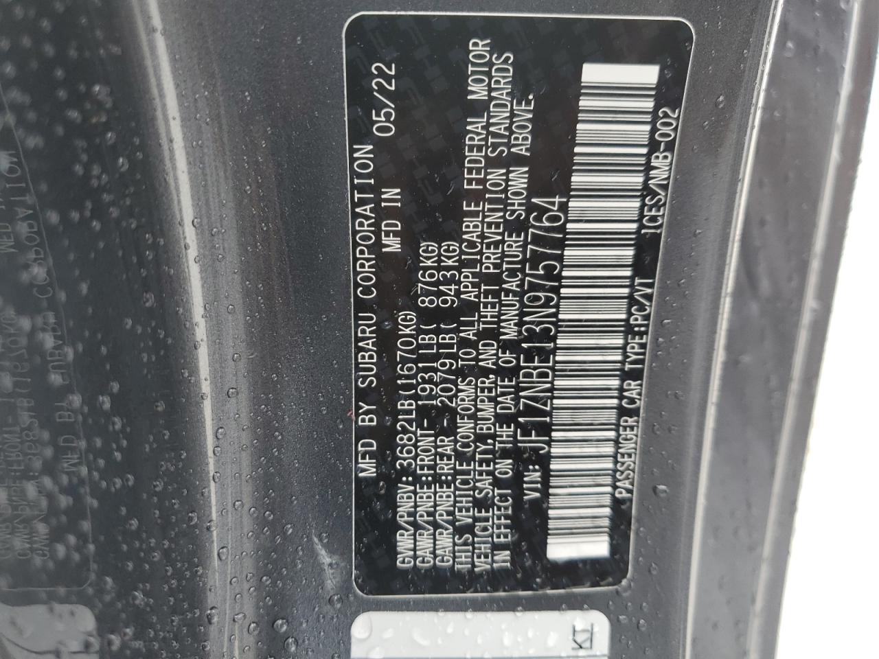 2022 TOYOTA GR 86 PREMIUM VIN:JF1ZNBE13N9757764