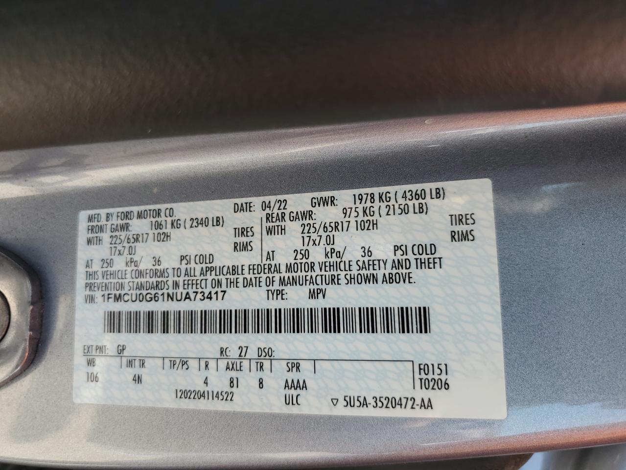 2022 FORD ESCAPE SE VIN:1FMCU0G61NUA73417