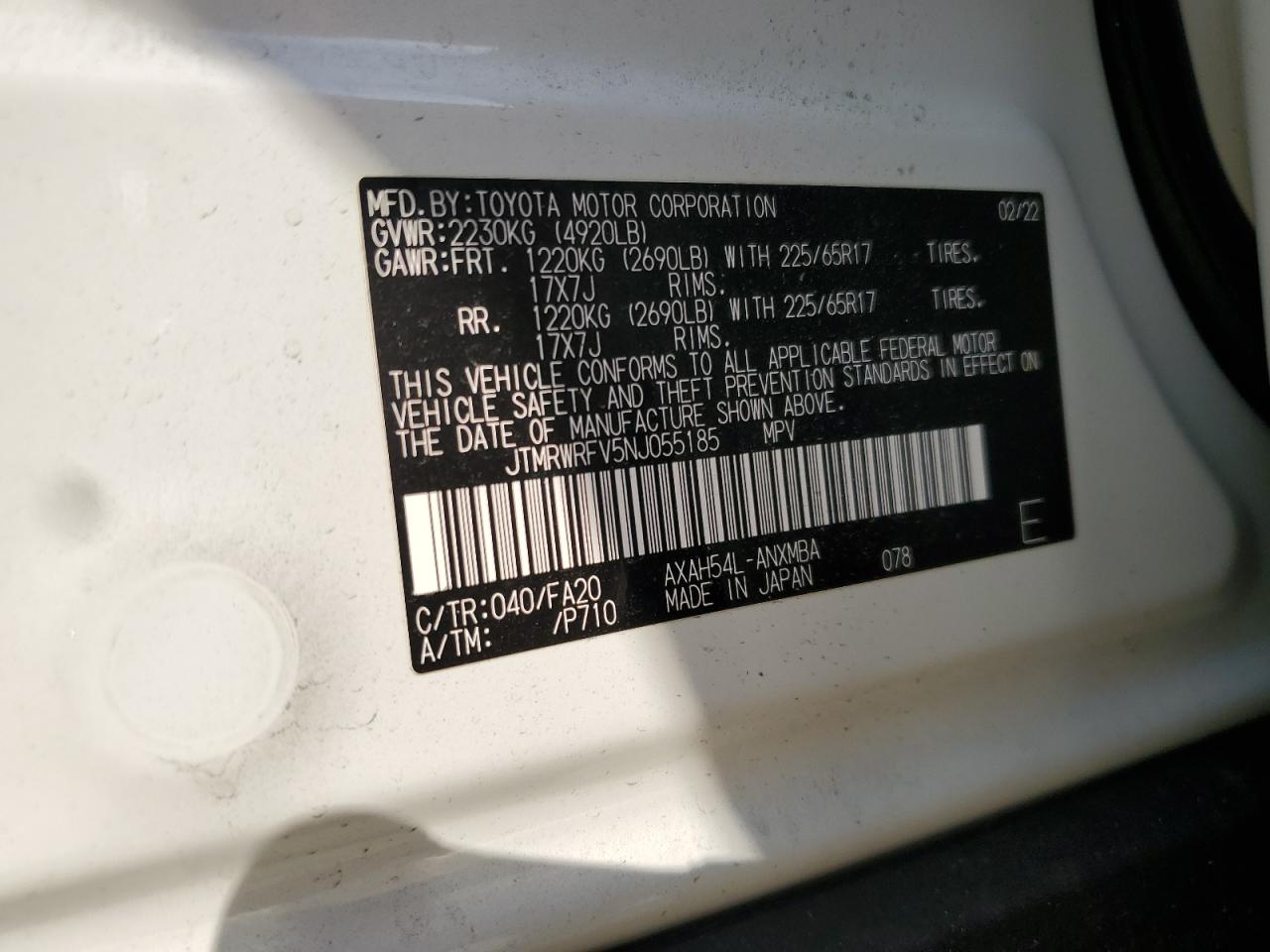 2022 TOYOTA RAV4 XLE VIN:JTMRWRFV5NJ055185