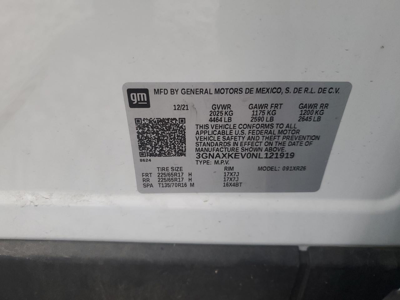 2022 CHEVROLET EQUINOX LT VIN:3GNAXKEV0NL121919