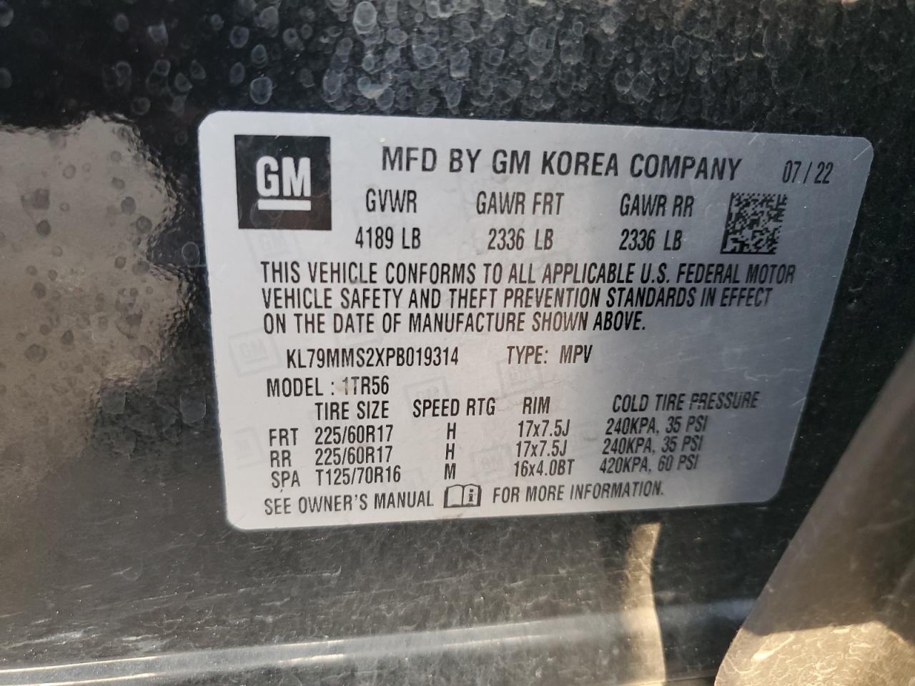 2023 CHEVROLET TRAILBLAZER LS VIN:KL79MMS2XPB019314