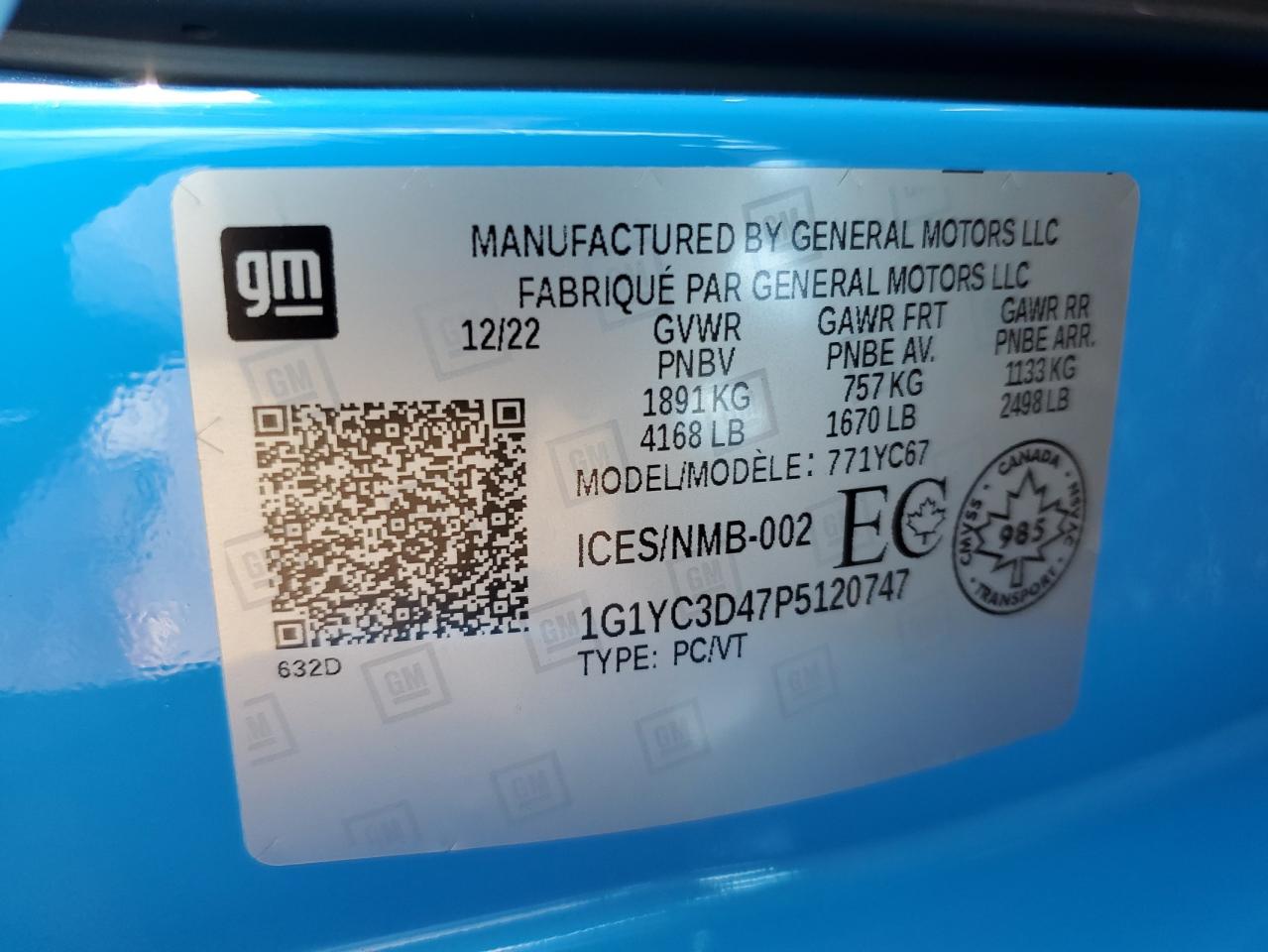 2023 CHEVROLET CORVETTE STINGRAY 3LT VIN:1G1YC3D47P5120747