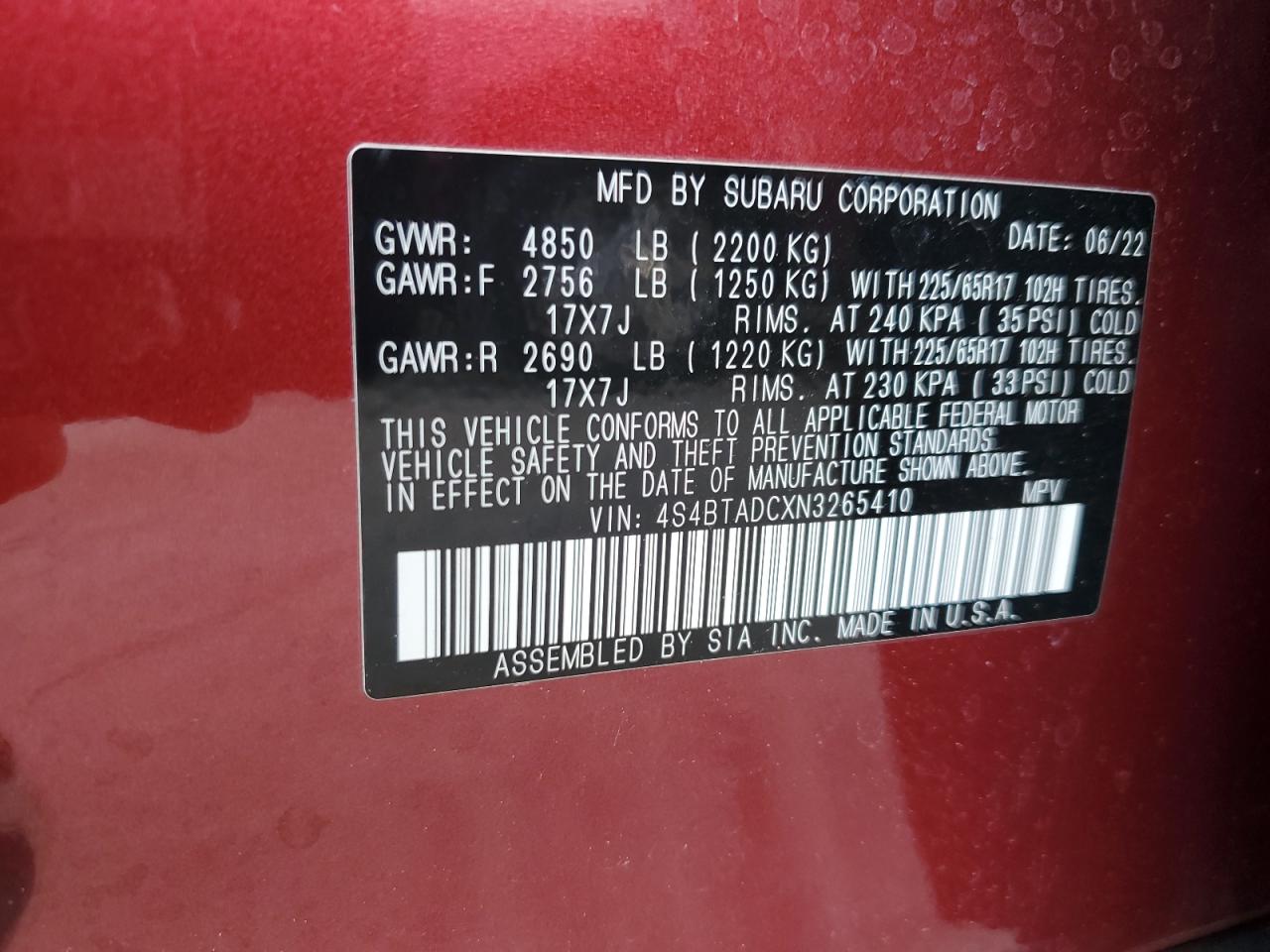 2022 SUBARU OUTBACK PREMIUM VIN:4S4BTADCXN3265410