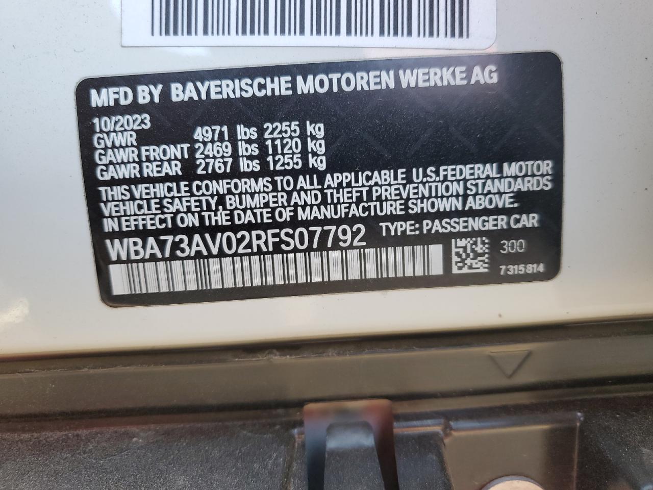 2024 BMW 430XI GRAN COUPE VIN:WBA73AV02RFS07792