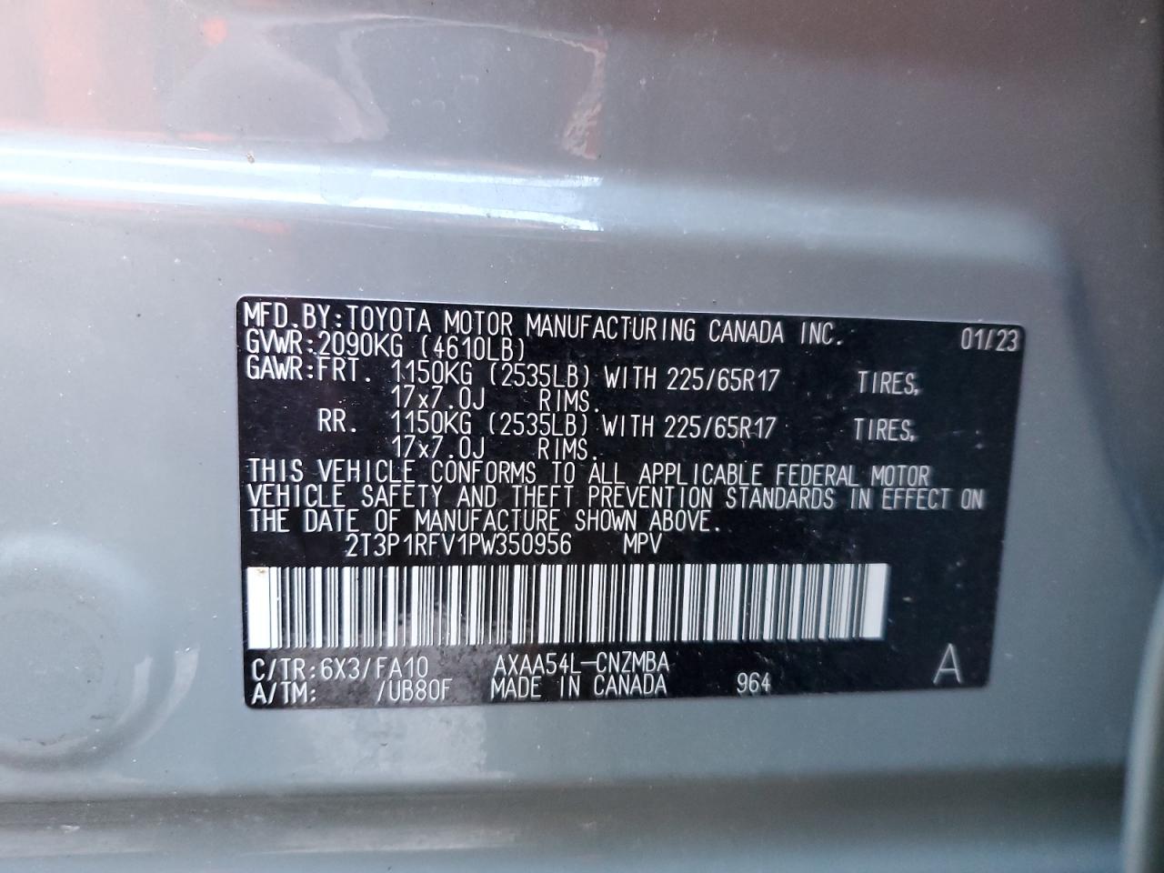 2023 TOYOTA RAV4 XLE VIN:2T3P1RFV1PW350956