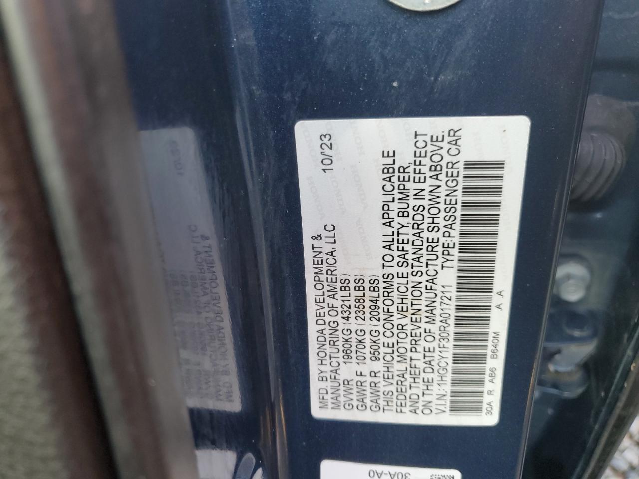 2024 HONDA ACCORD EX VIN:1HGCY1F30RA017211