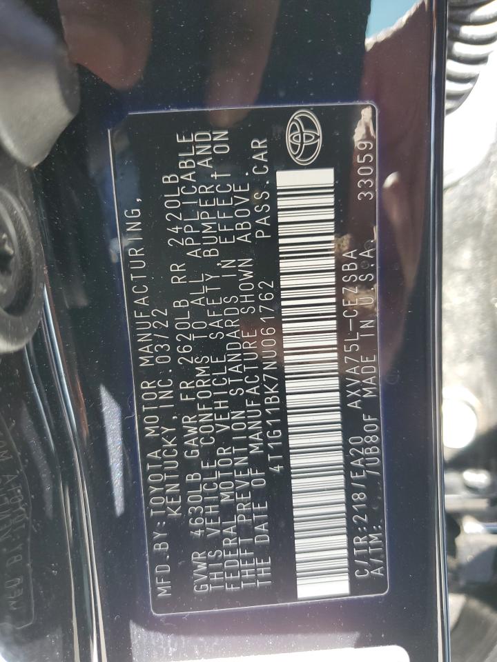 2022 TOYOTA CAMRY SE VIN:4T1G11BK7NU061762