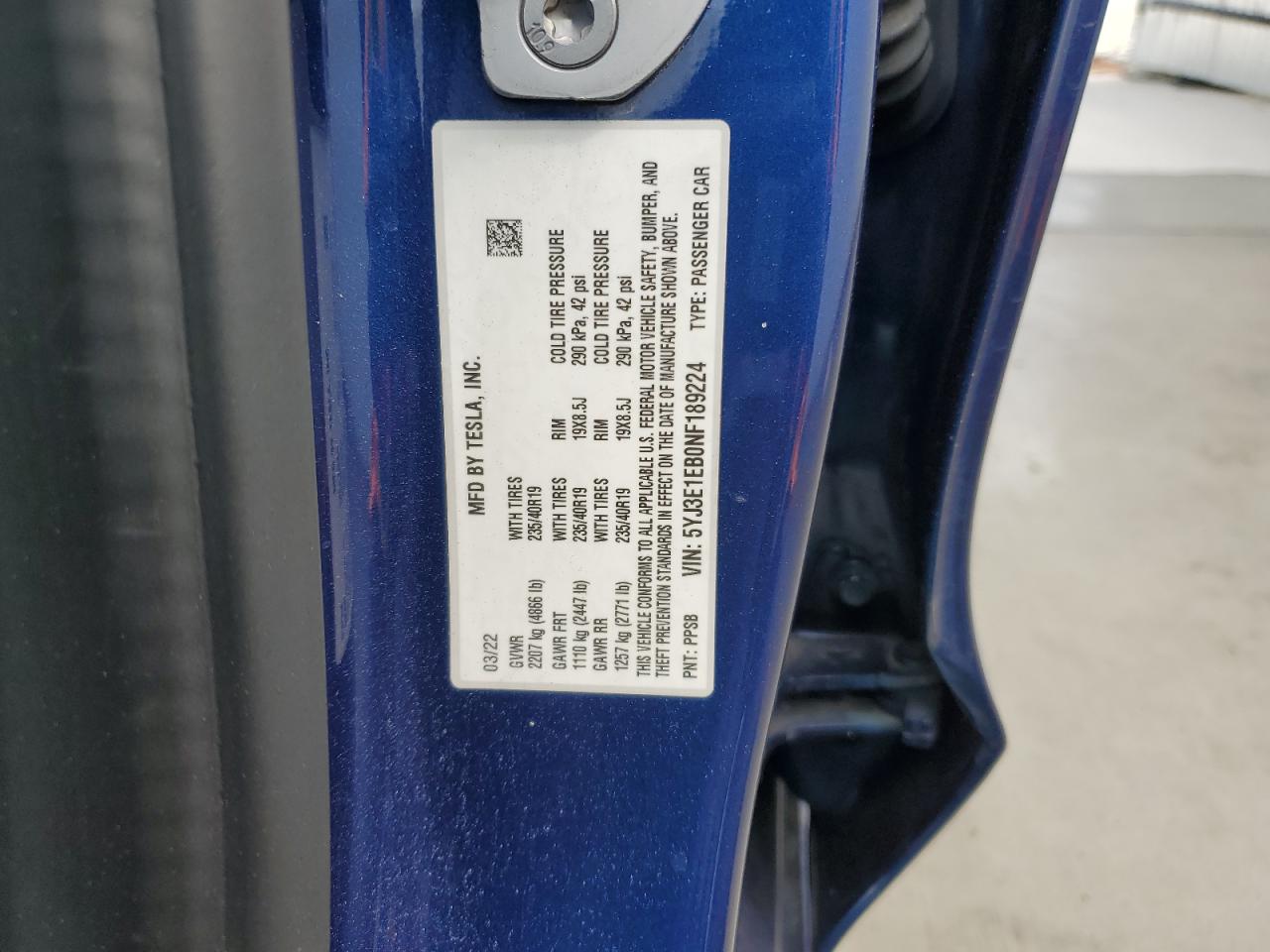 2022 TESLA MODEL 3 VIN:5YJ3E1EB0NF189224