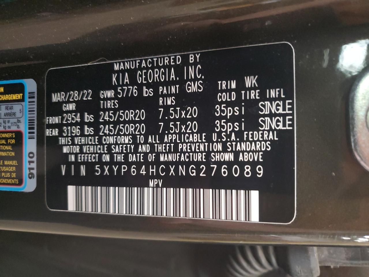 2022 KIA TELLURIDE S VIN:5XYP64HCXNG276089