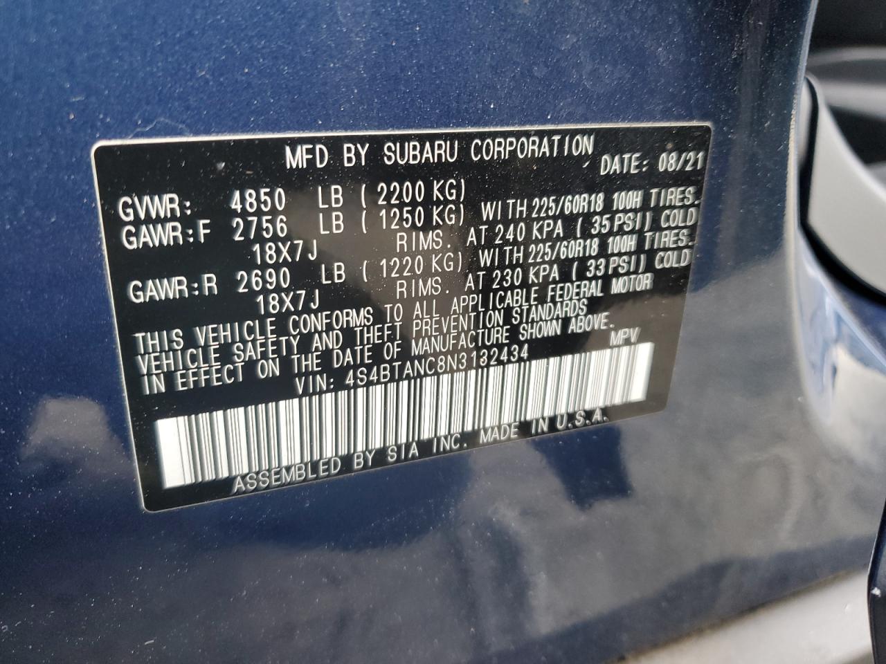 2022 SUBARU OUTBACK LIMITED VIN:4S4BTANC8N3132434