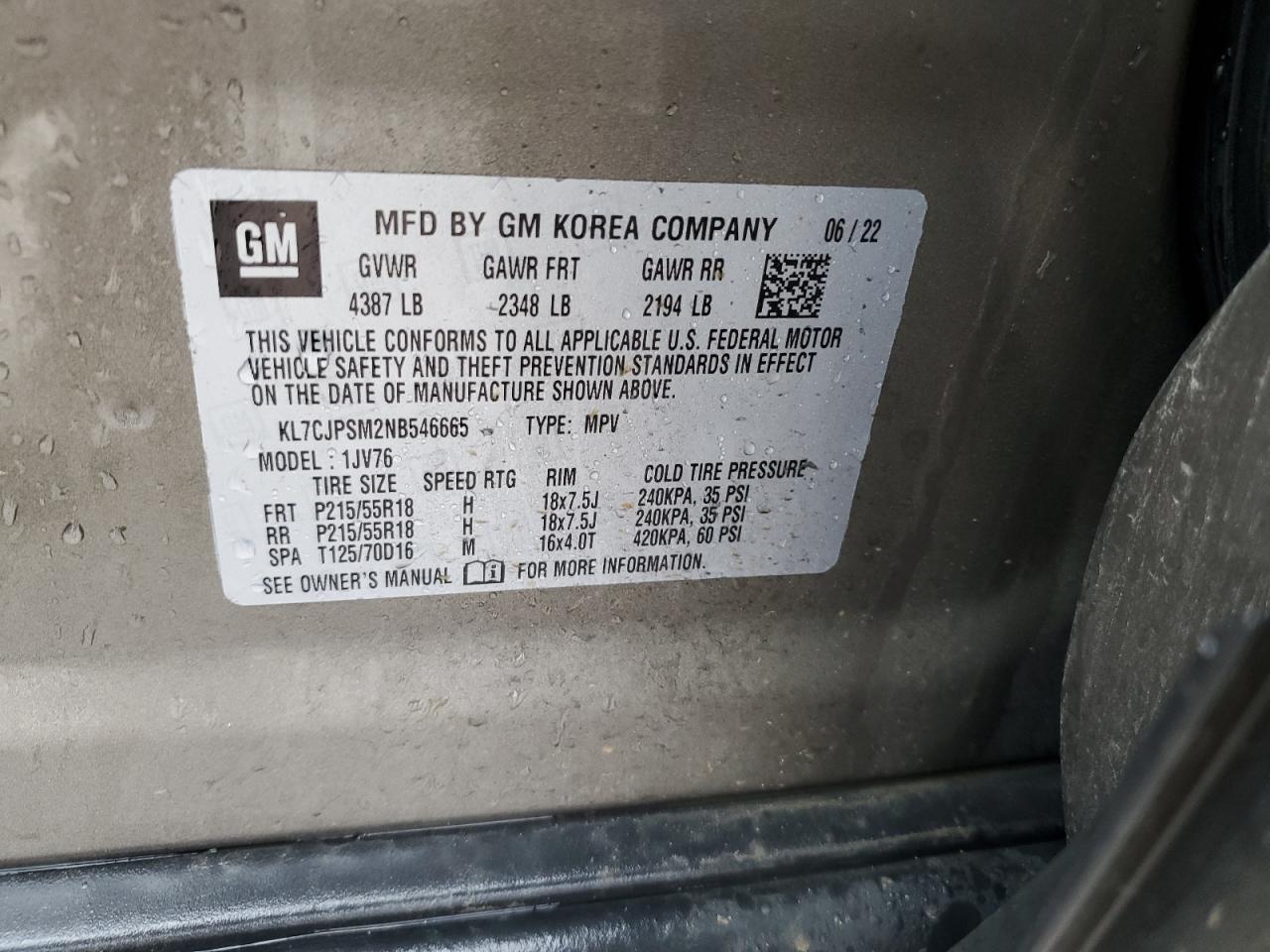 2022 CHEVROLET TRAX 1LT VIN:KL7CJPSM2NB546665