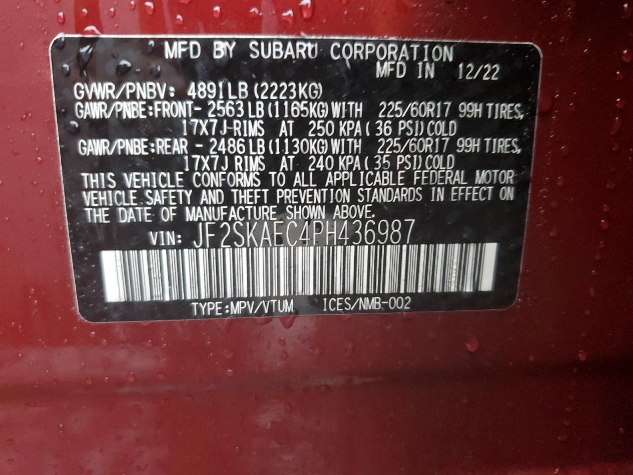 2023 SUBARU FORESTER PREMIUM VIN:JF2SKAEC4PH436987